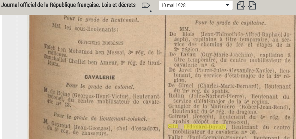 Nomination capitaine 1928 Sitri Edouard David